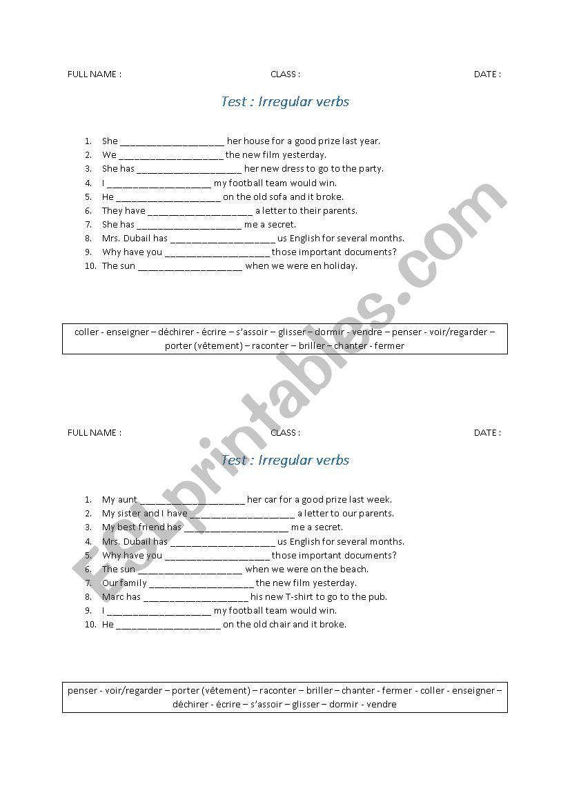 Irregular verbs test worksheet