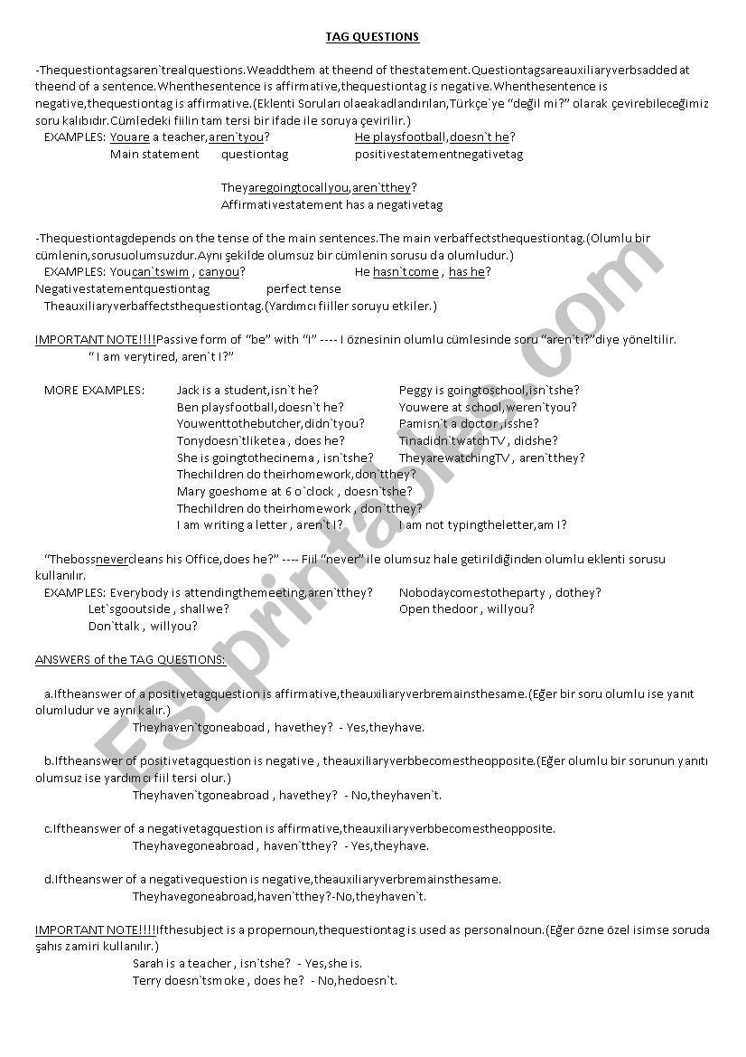 tag questions worksheet