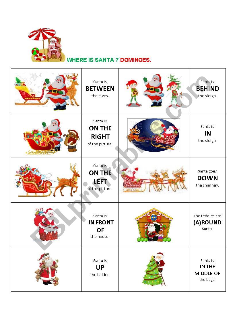 prepositions of place - dominoes with Santa.