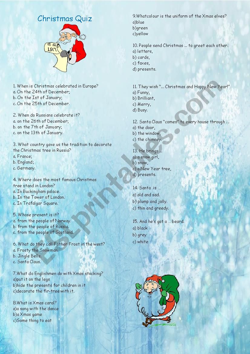 Christmas quiz for children worksheet