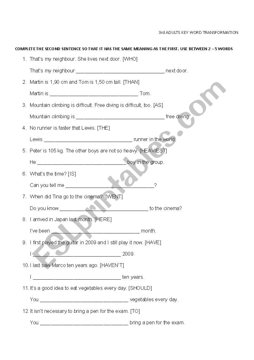 Key words transformation worksheet