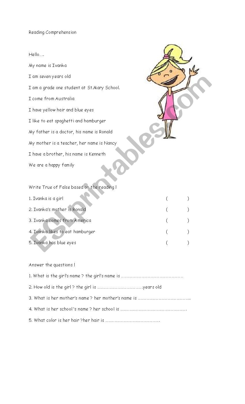 READING COMPREHENSION-IVANKA worksheet