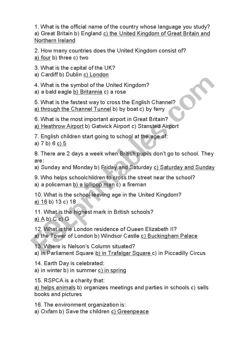 Test GREAT BRITAIN worksheet