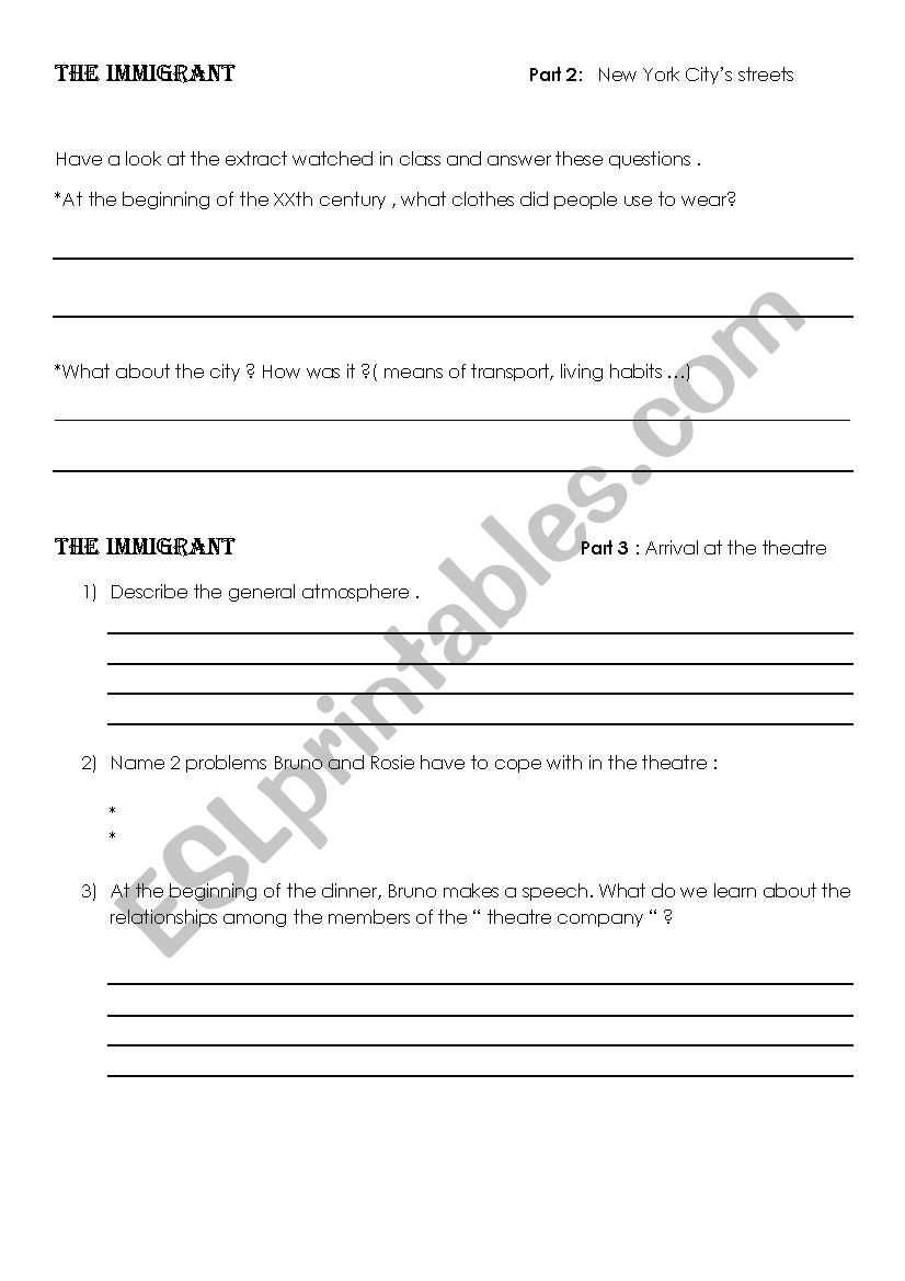 THE IMMIGRANT ( movie ) worksheet