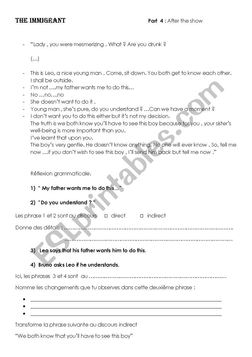 THE IMMIGRANT ( movie ) worksheet