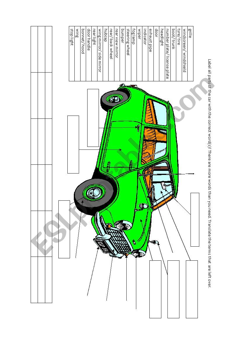 Wordfield Car worksheet