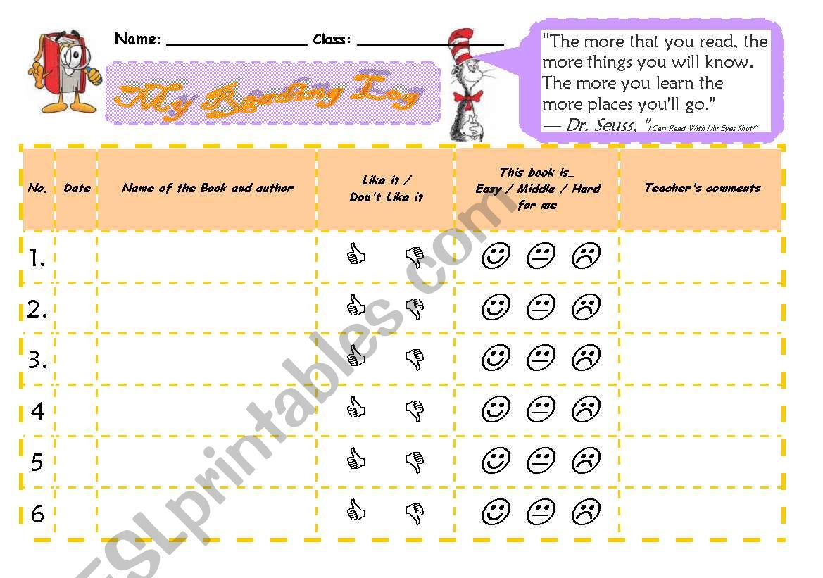 My reading log worksheet