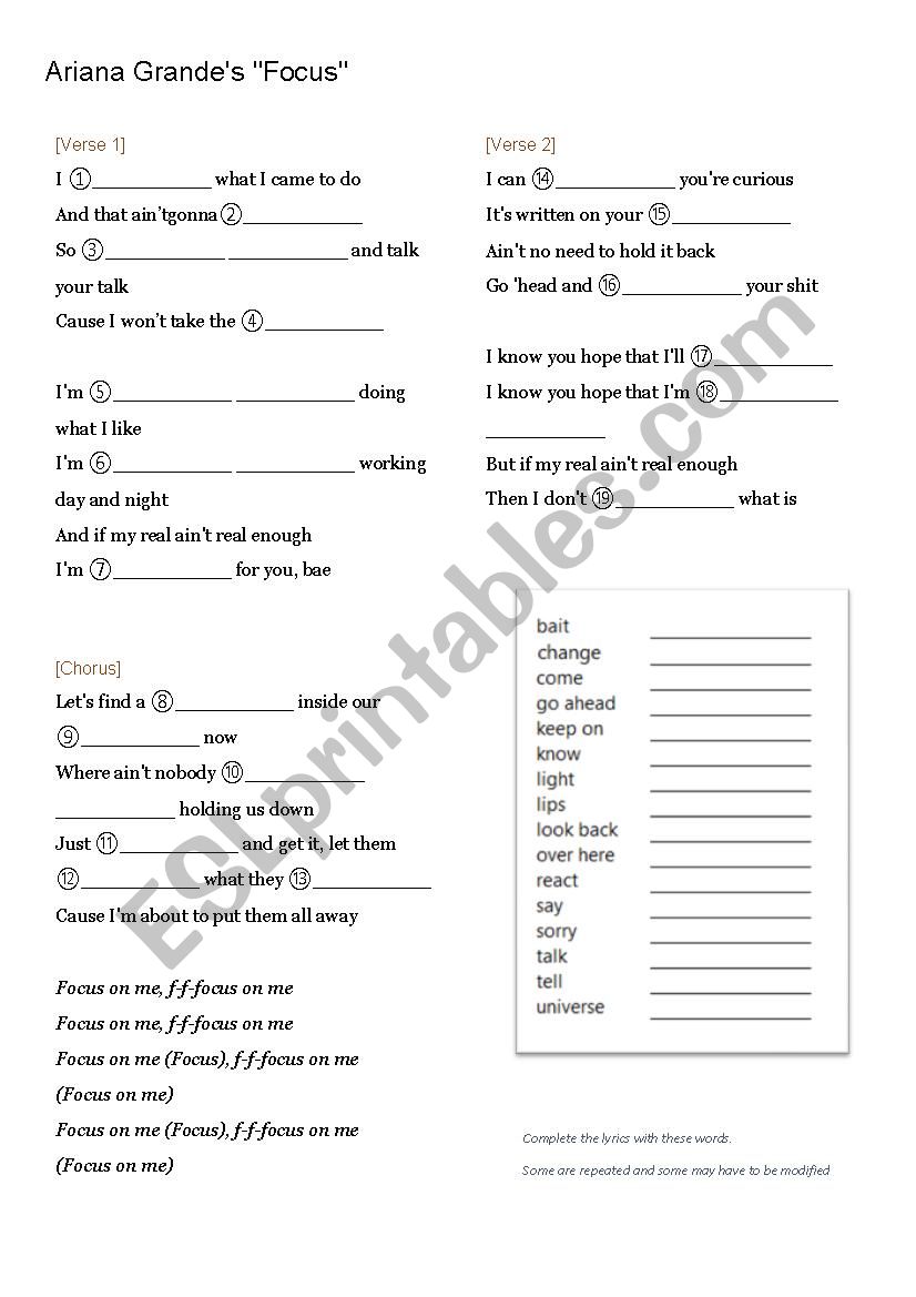 Ariana Grande Focus worksheet