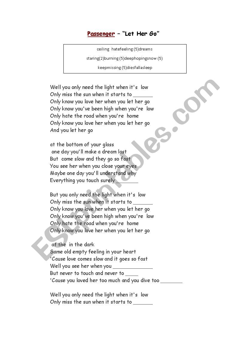 Let her go by Passenger worksheet