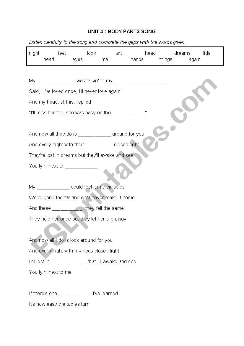 Body parts Song worksheet