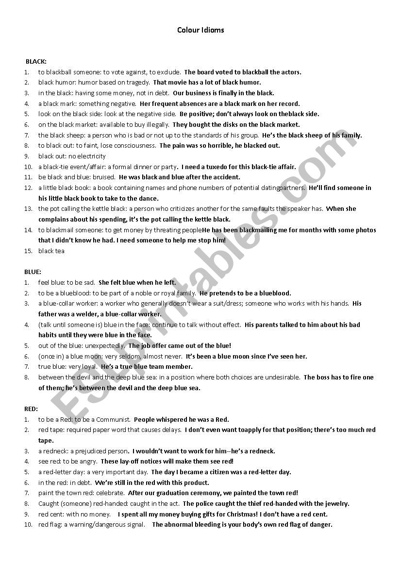 Color Idioms  worksheet