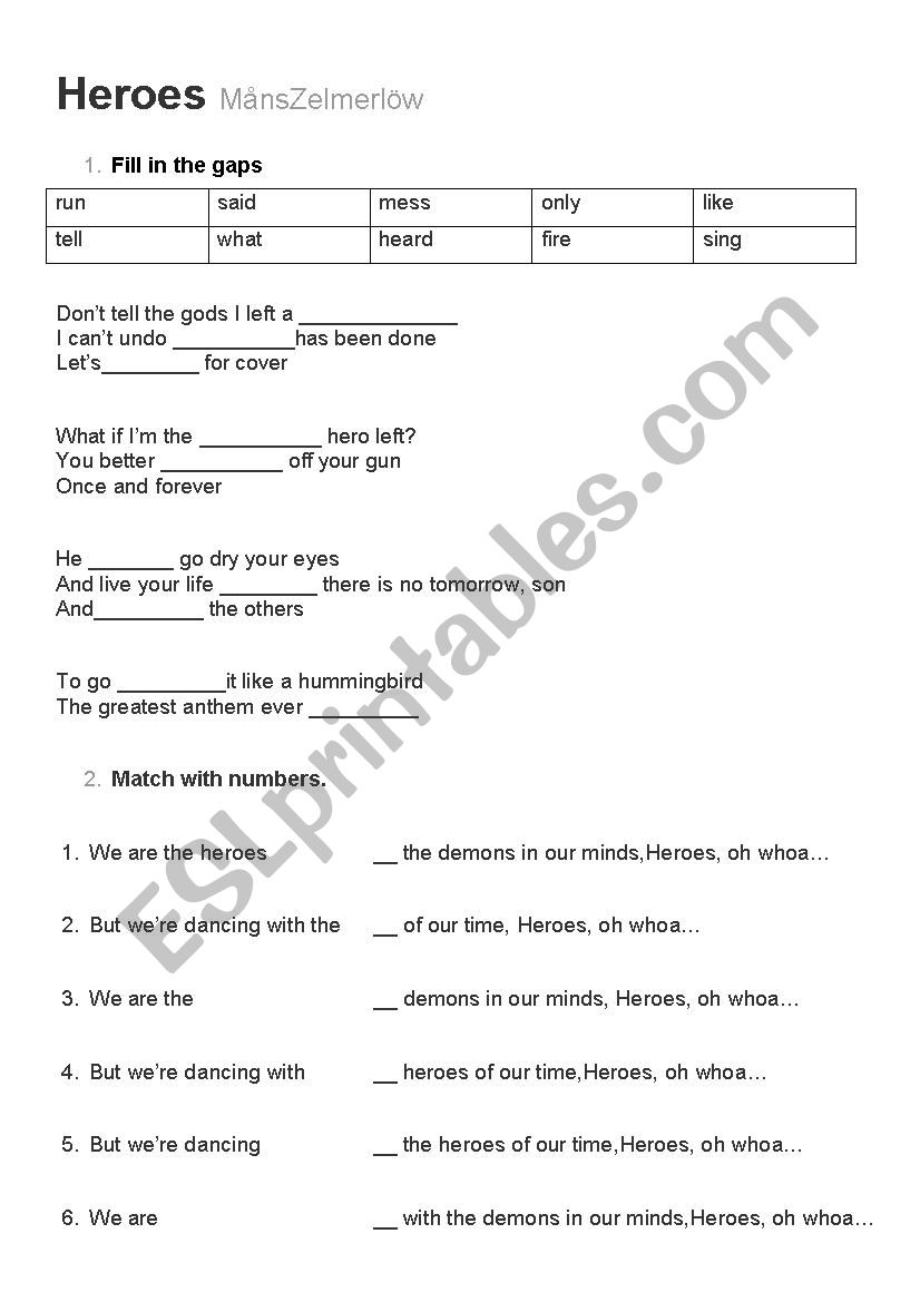 Heroes Mark Zelmerlow worksheet