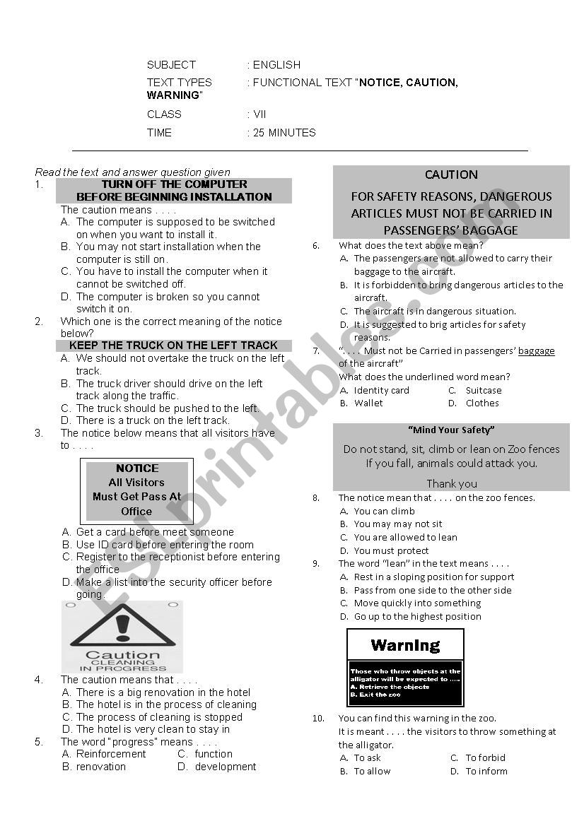 csution, warning and notice worksheet