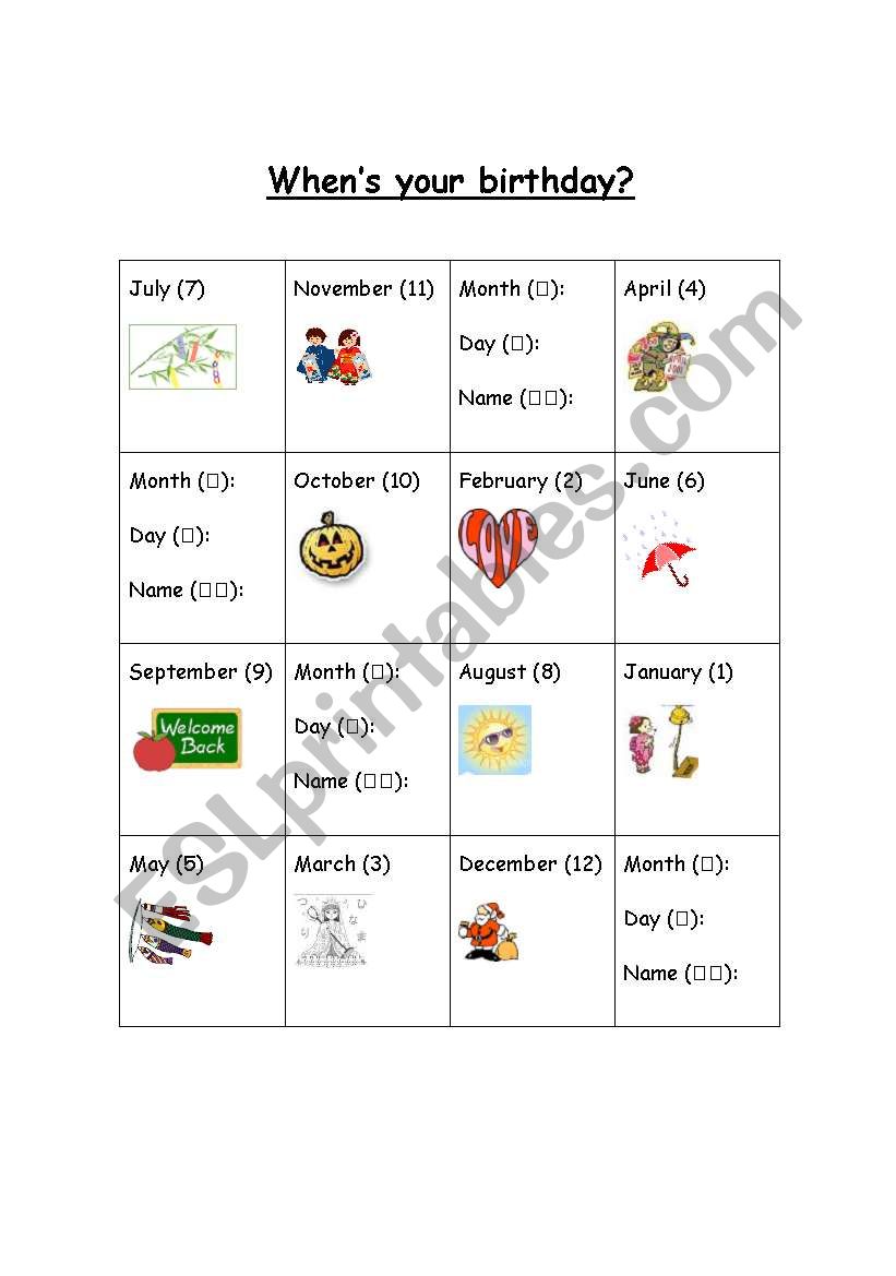 Month, Birthday, Dates, Bingo worksheet