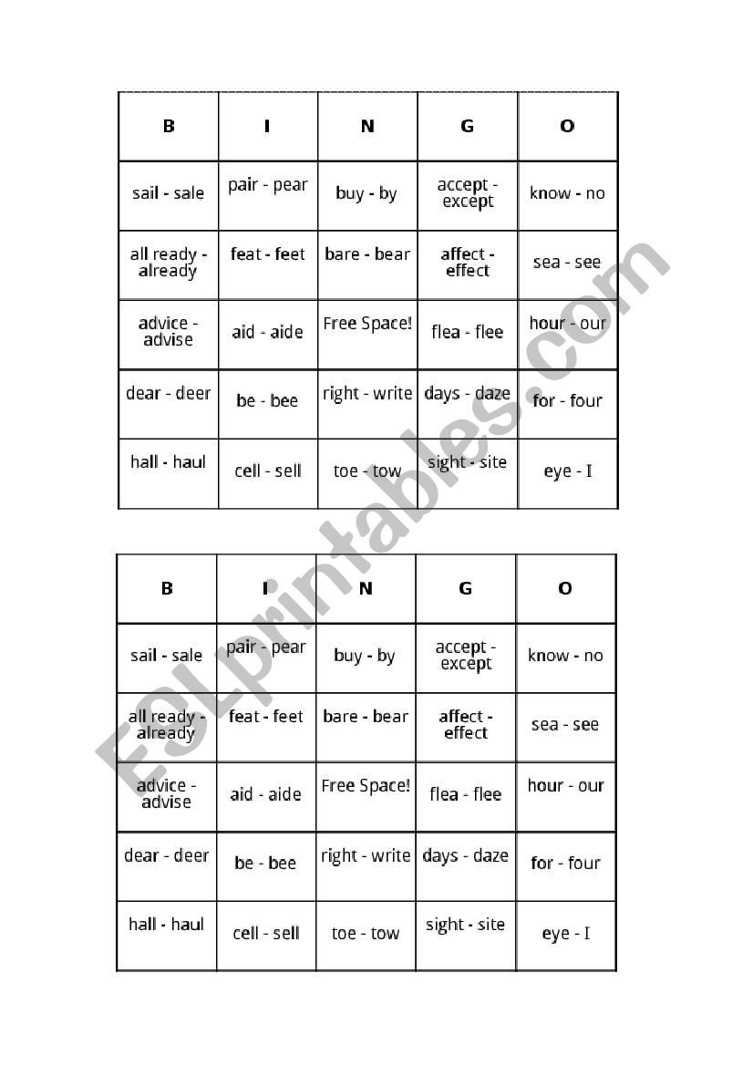 Homonyms Bingo worksheet