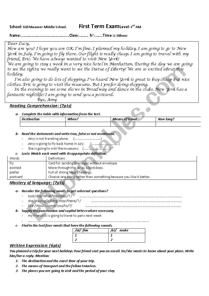 planning future holidays test worksheet