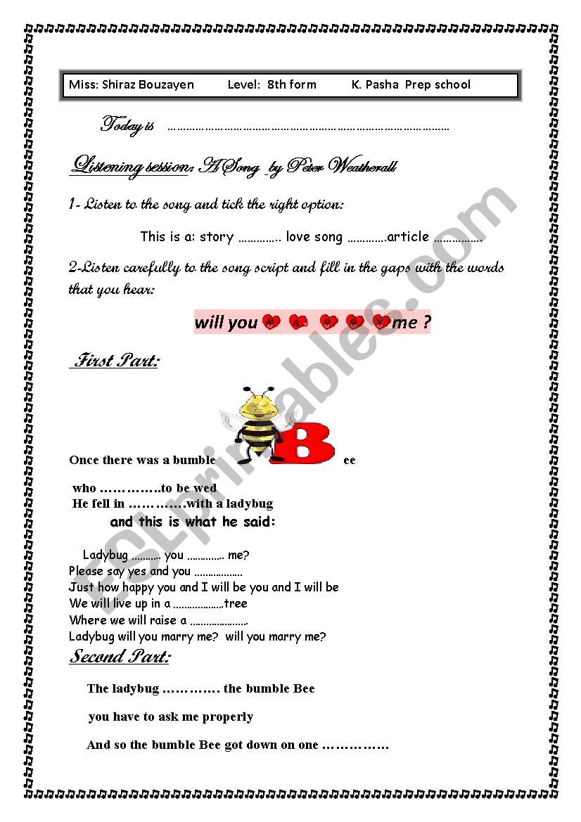 once there was abumble bee worksheet