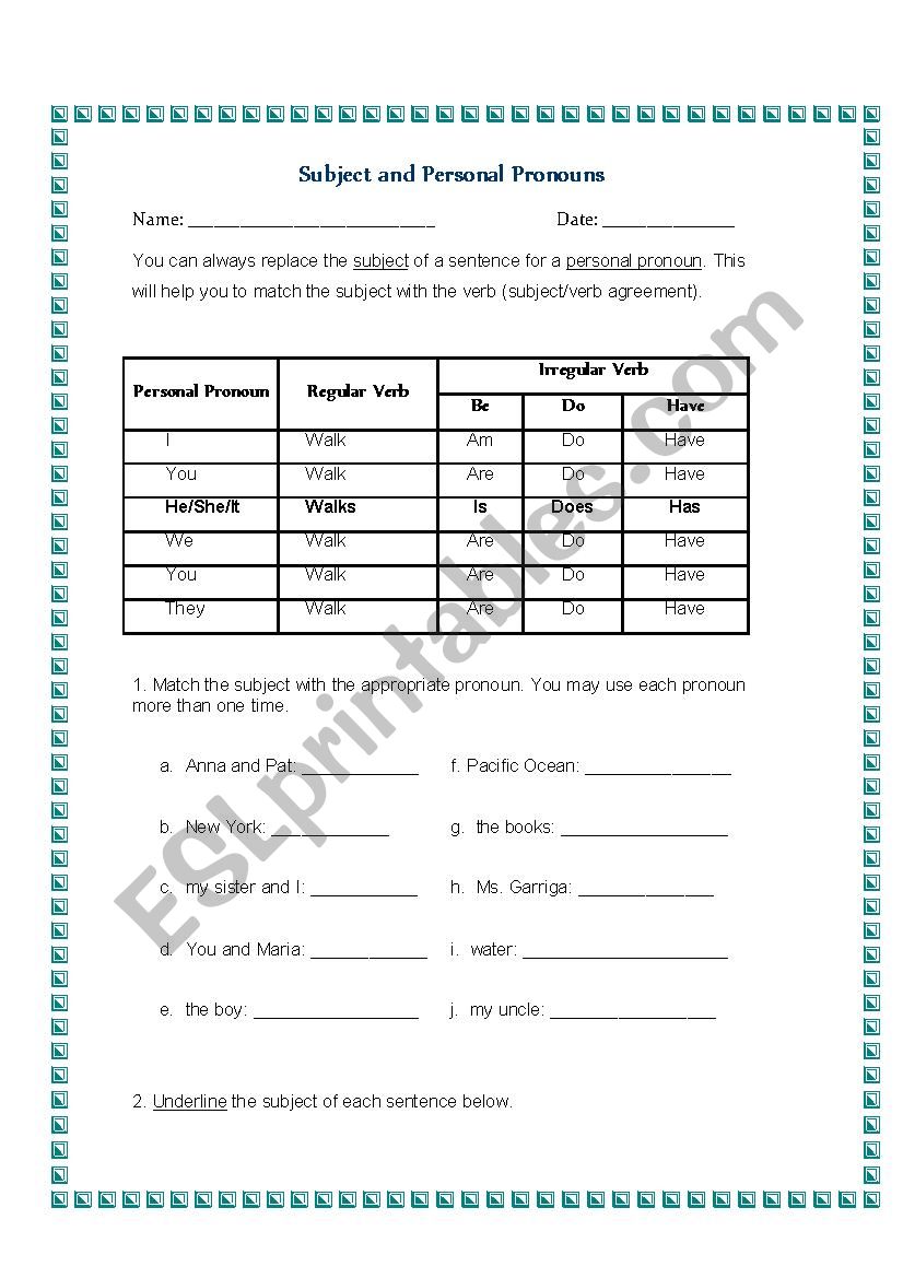 Subject and Personal Pronouns worksheet