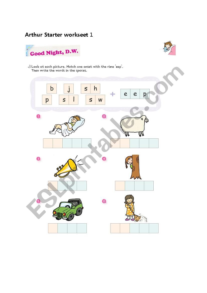 Arthur Starter Worksheet (Good Night, D.W.) ; word pattern eep