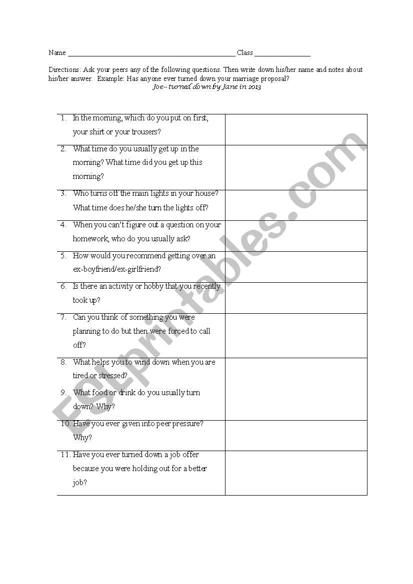 Phrasal Verb Questionnaire for Intermediate Teens and Adults 