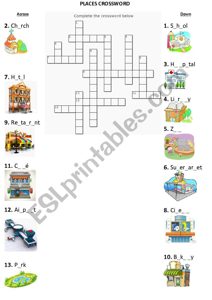 Places in town crossword worksheet