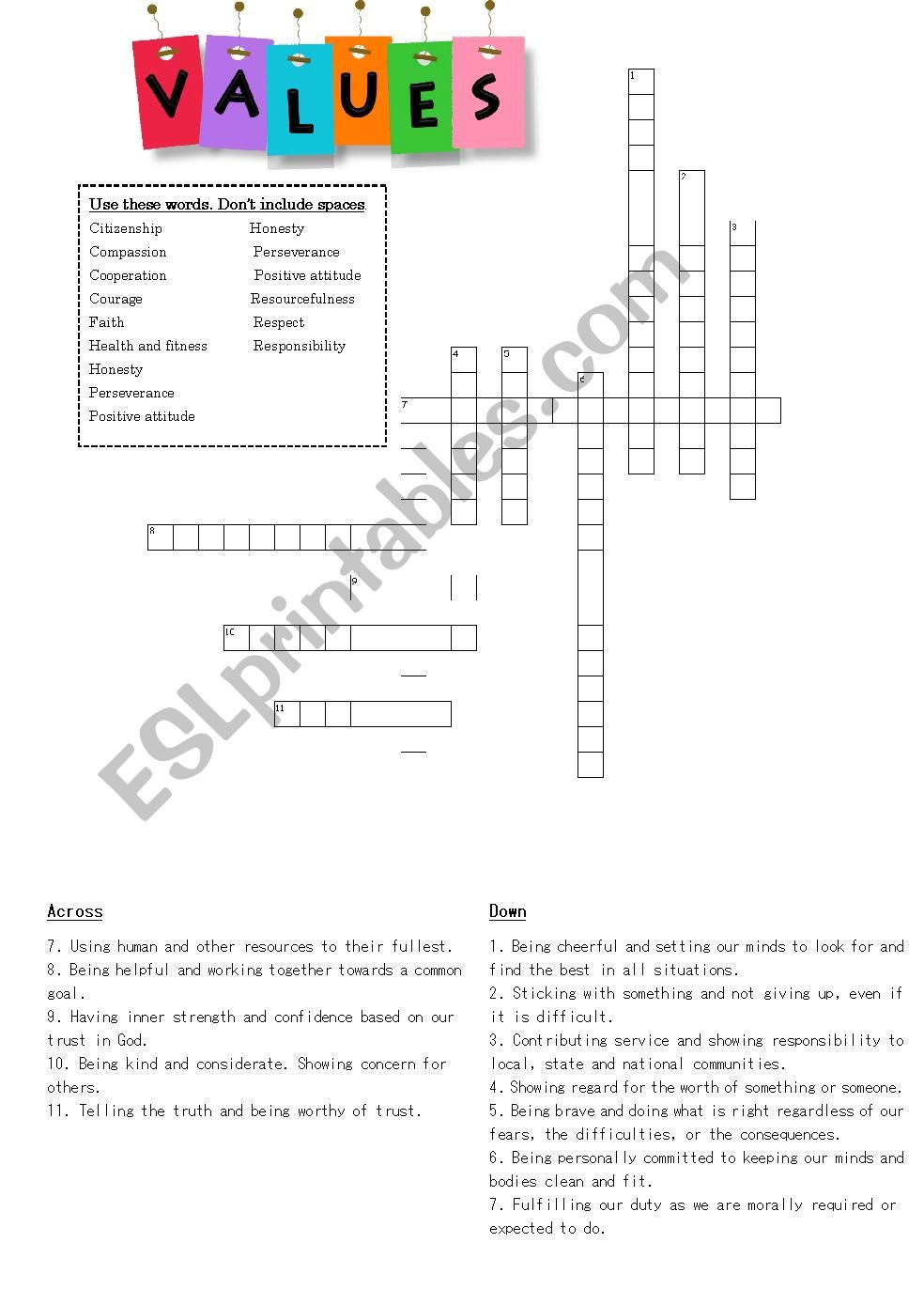 Personal values crossword worksheet