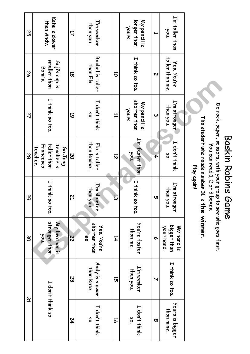 Baskin Robins Game worksheet