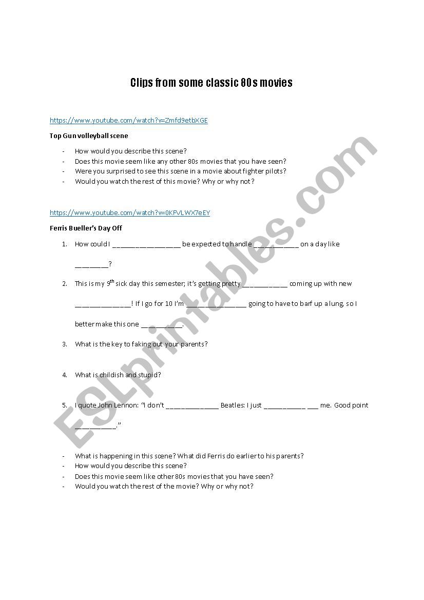 Iconic eighties movie clips worksheet
