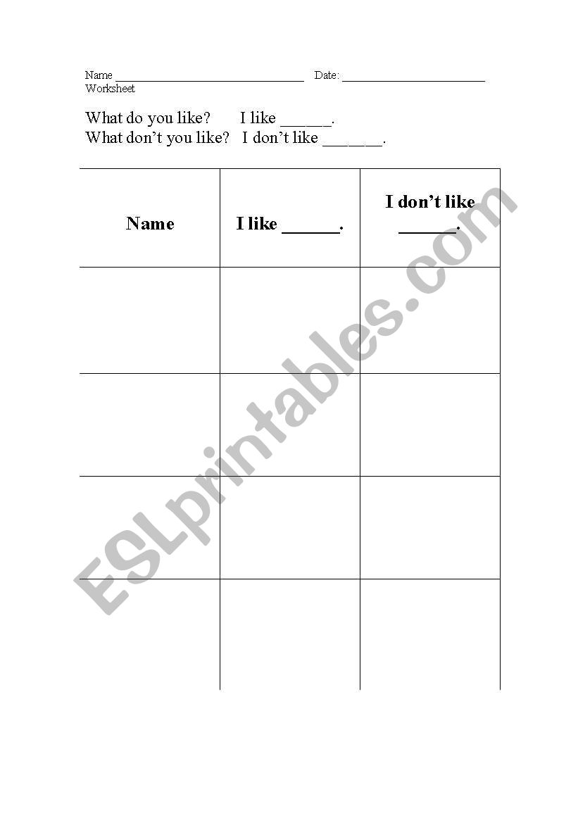 What do you like? worksheet