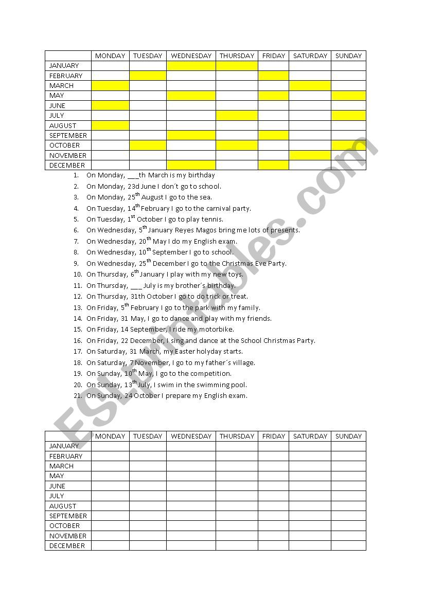 Days of week and months worksheet