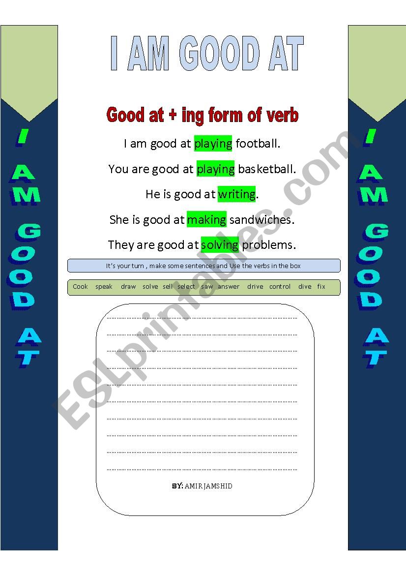 Good at + ing form of verb worksheet
