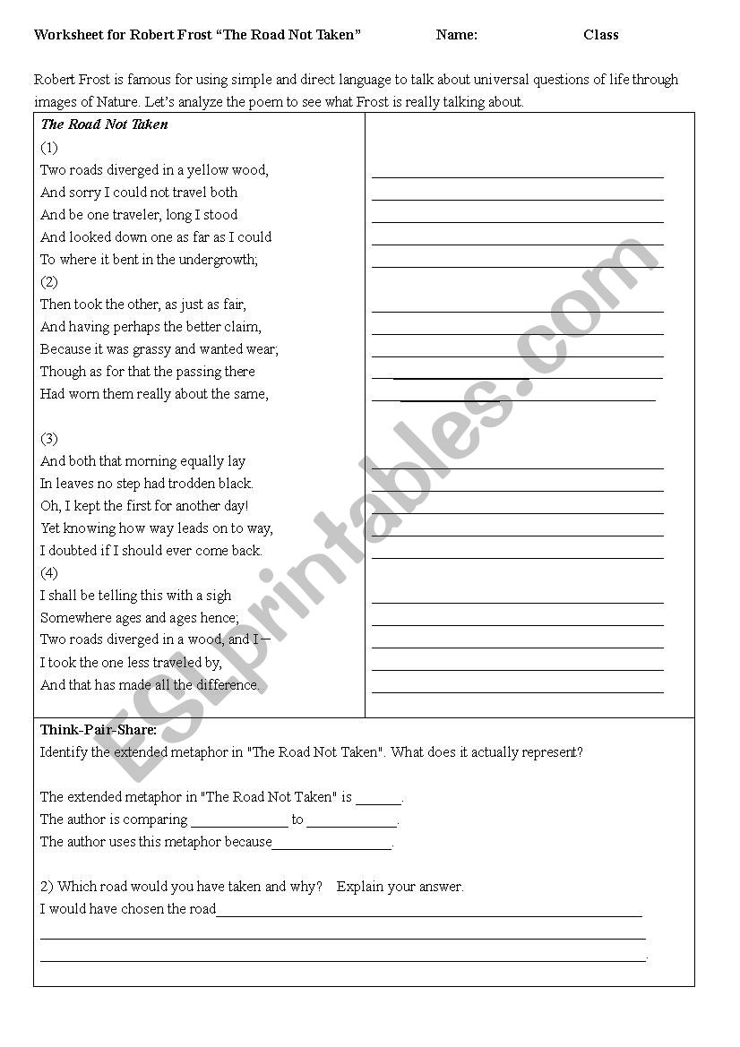 The Road Not Taken Analysis worksheet