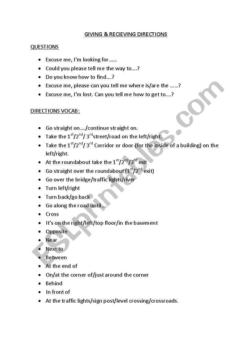 Giving & receiving directions worksheet