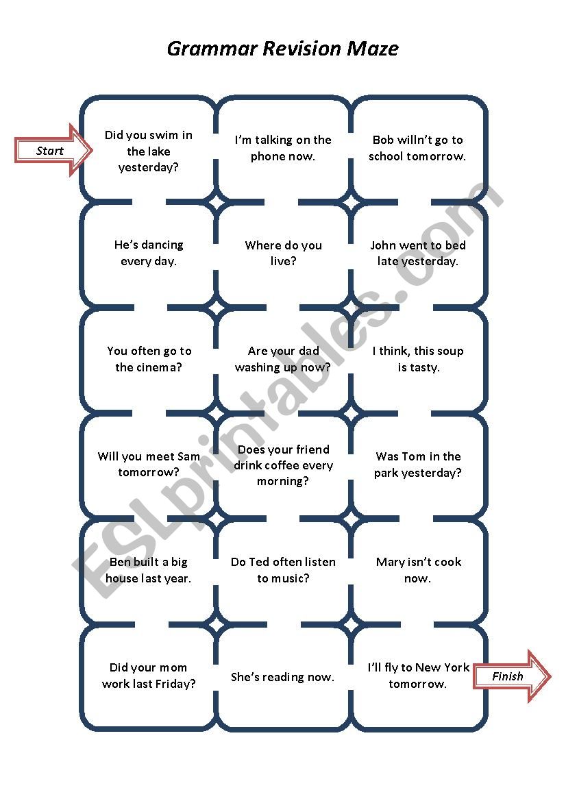 Grammar Revision Maze (Present Simple/Continuous, Past Simple, Future Simple)