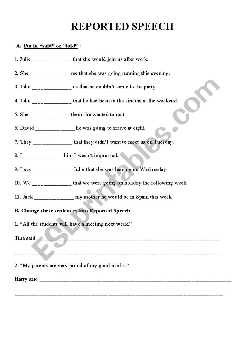 Reported Speech worksheet