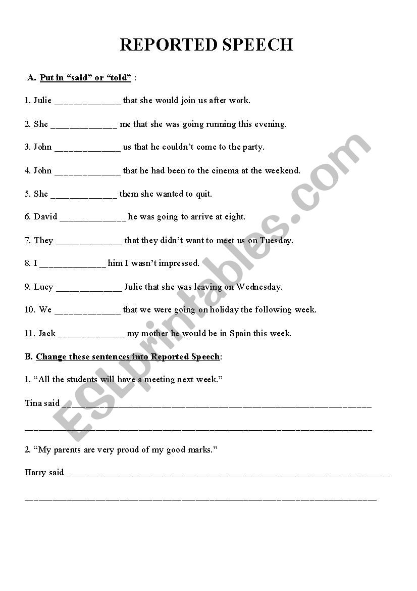 Reported Speech worksheet