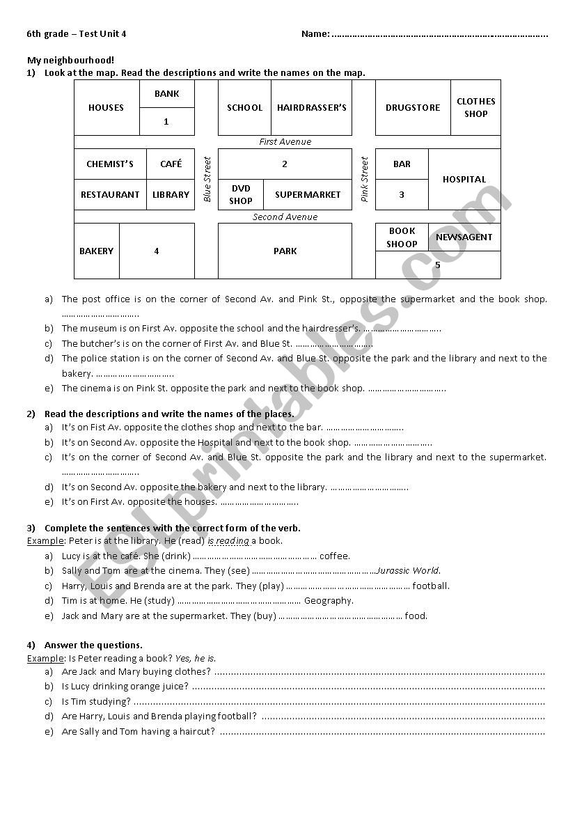 Test: places in town - prepositons of place - present continuous