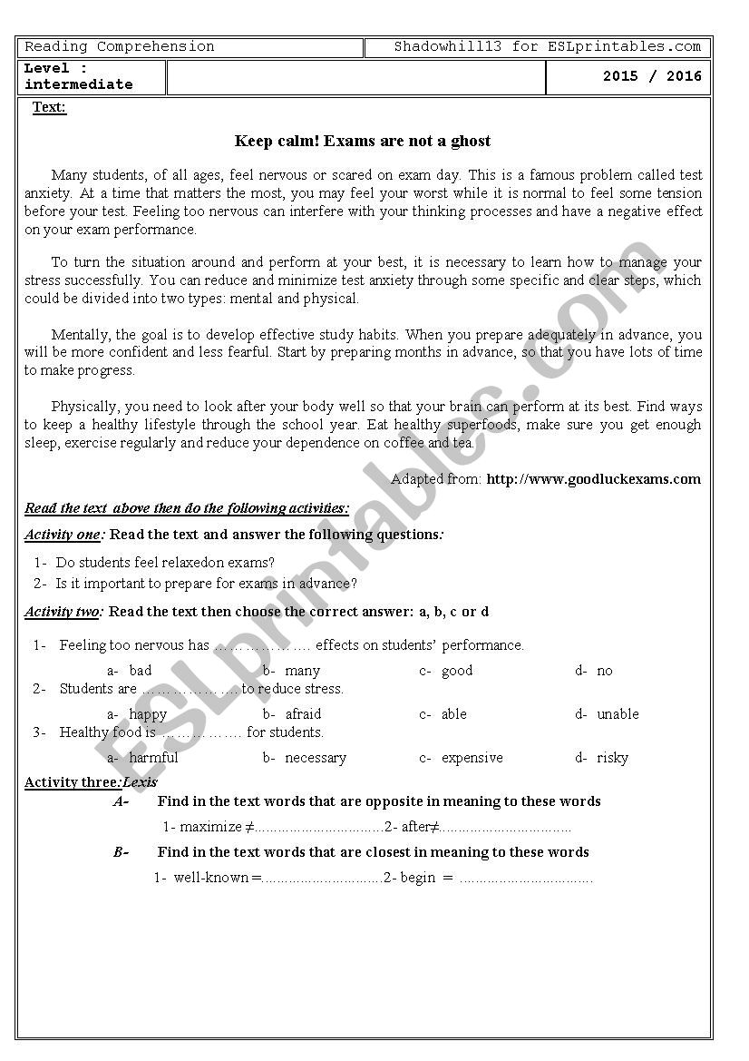 Exam Stress worksheet