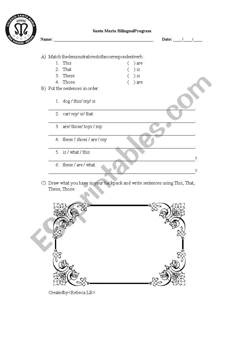 Demonstratives worksheet