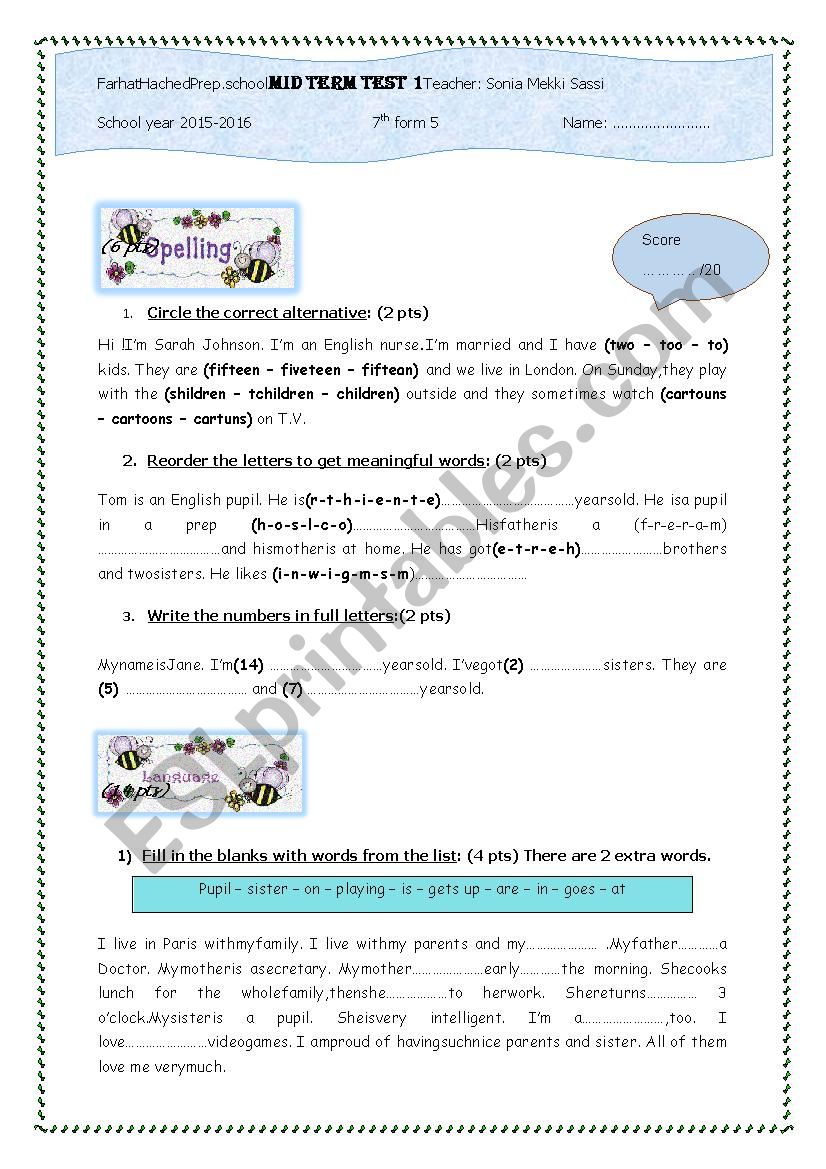 mid term test 1 for 7th form worksheet