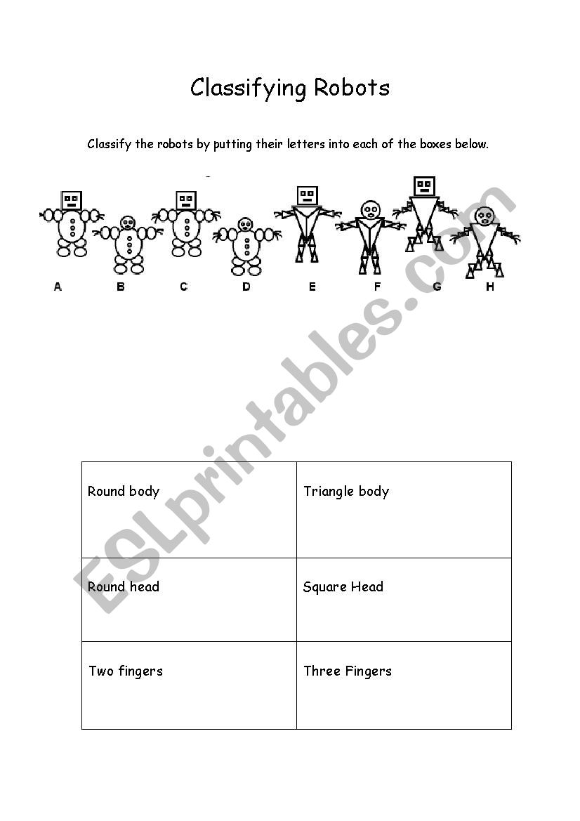 Classifying Robots worksheet