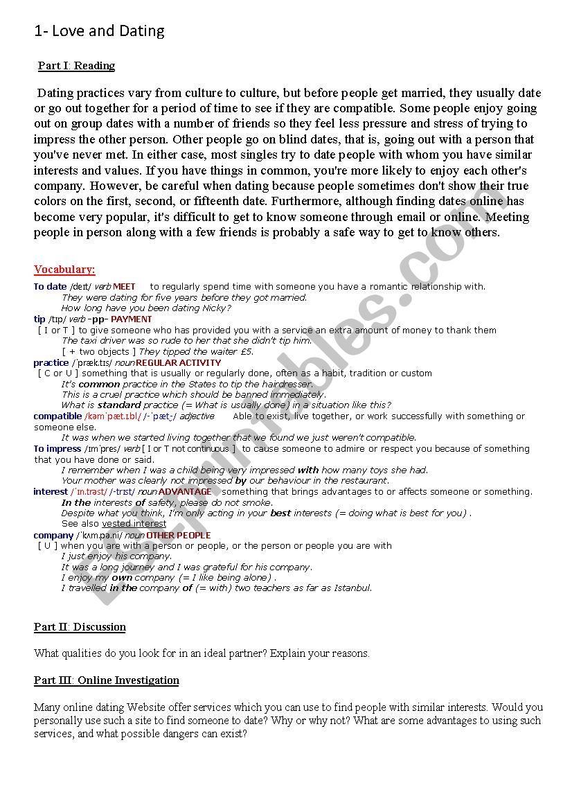 Love and Dating     worksheet