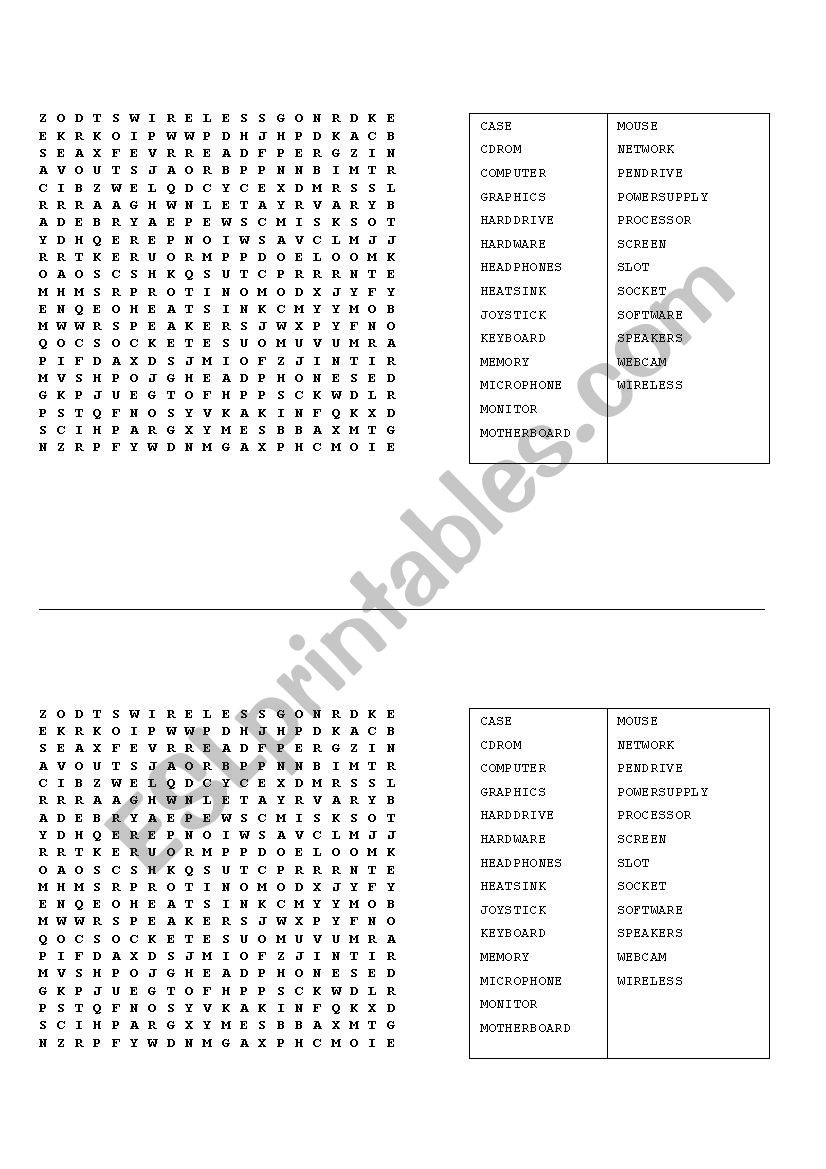 Computer parts wordsearch worksheet