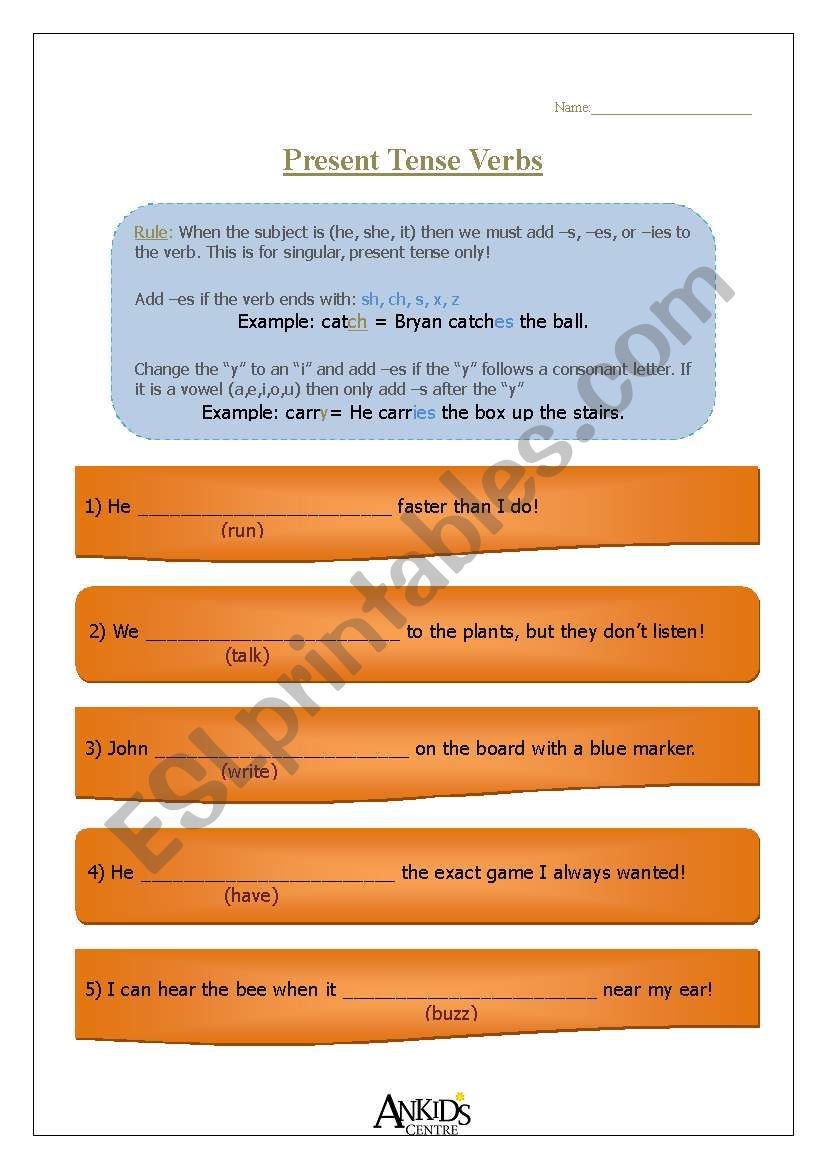 (3 Pages) Present Tense Verbs -s, -es, -ies