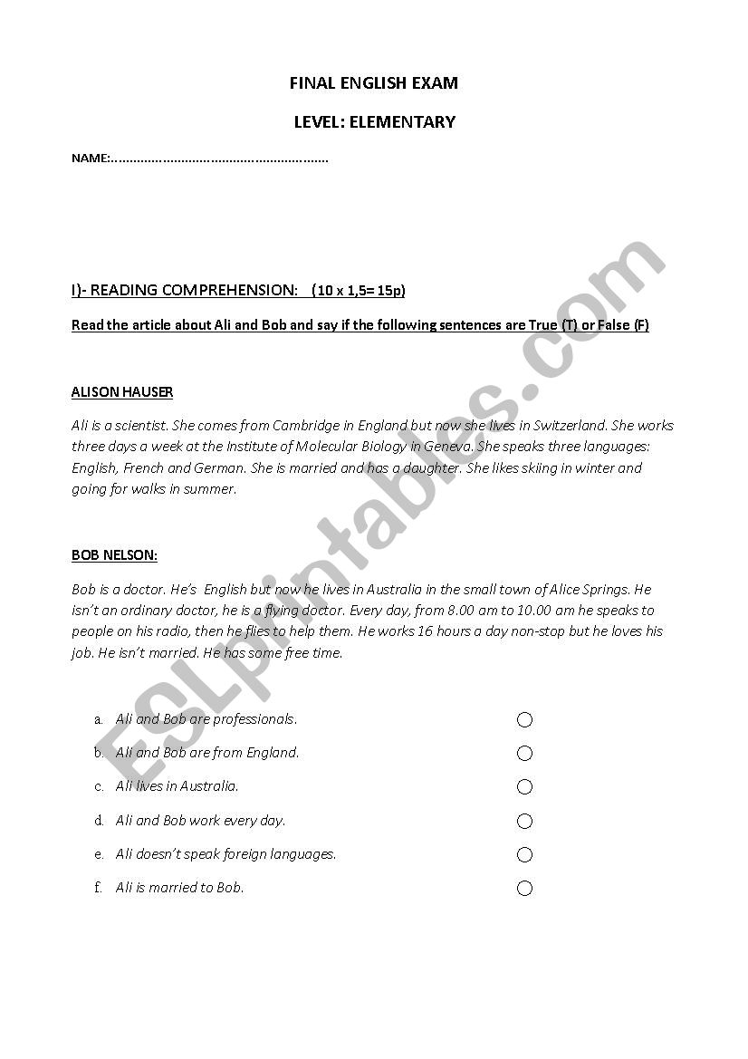 FINAL EXAM - ELEMENTARY LEVEL worksheet