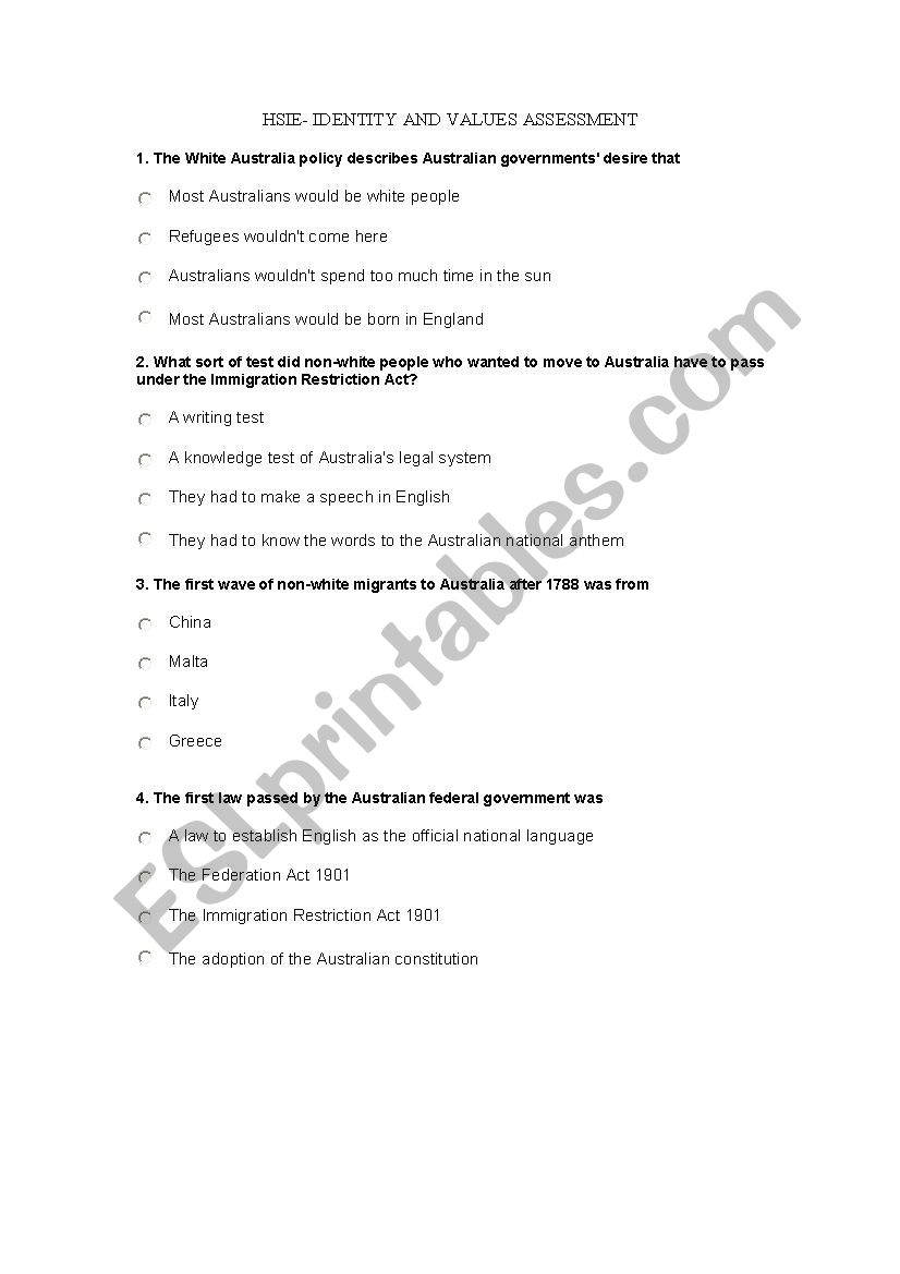 Australian Immigration worksheet