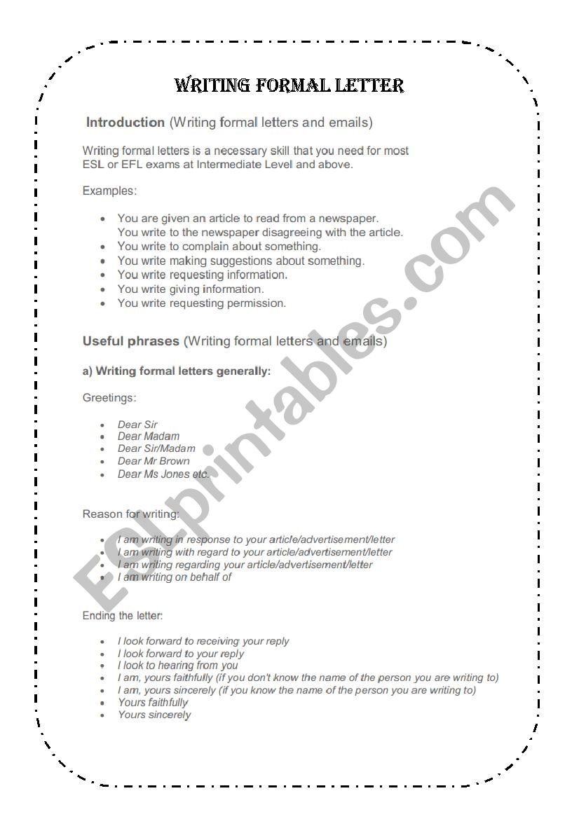 WRITING FORMAL LETTER worksheet