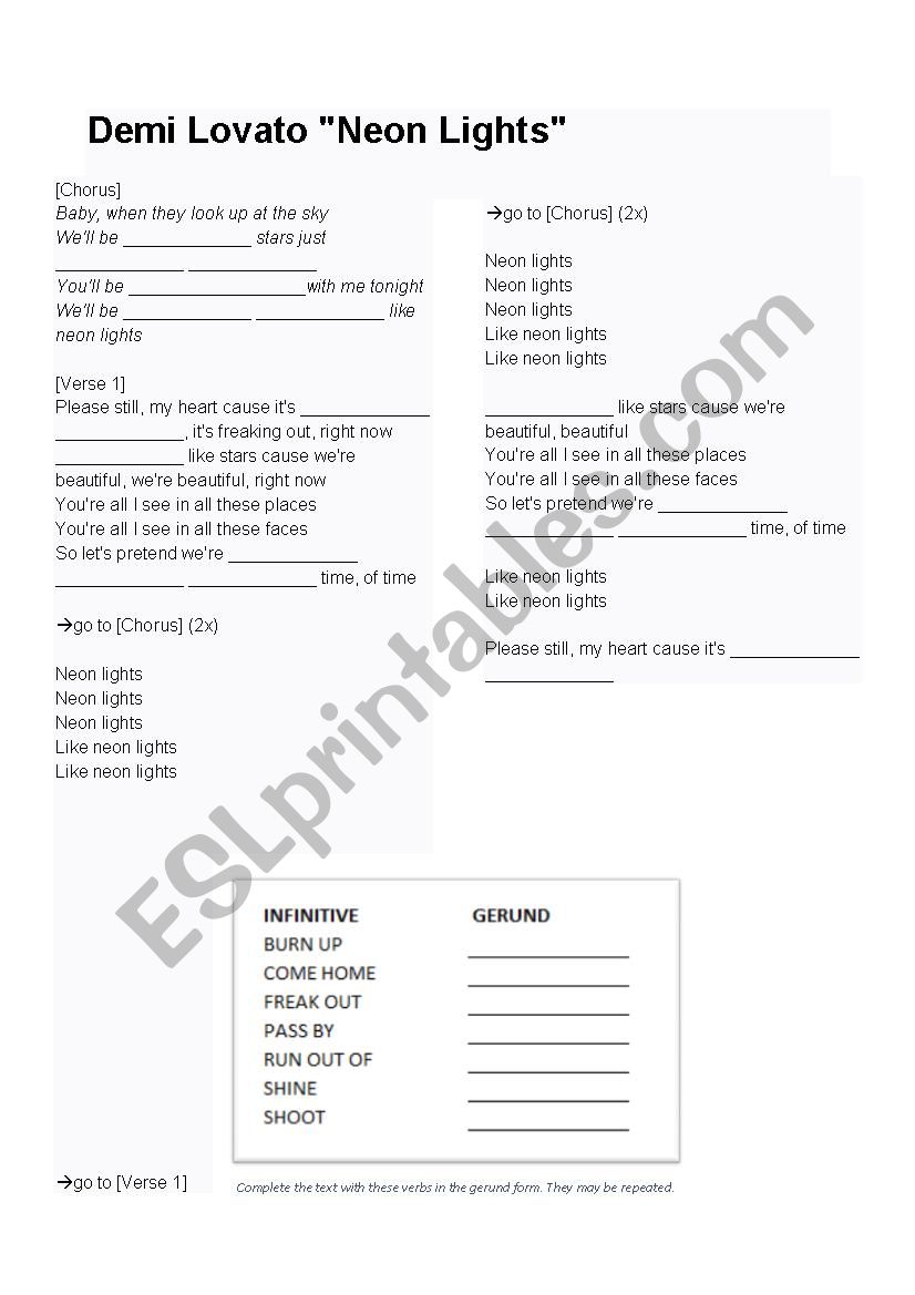 Neon Lights by Demi Lovato worksheet