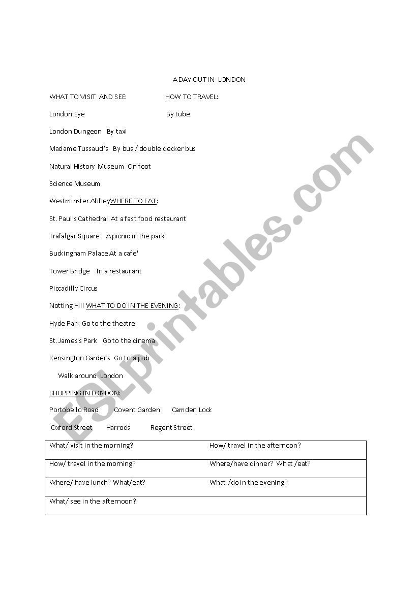 a day in london worksheet