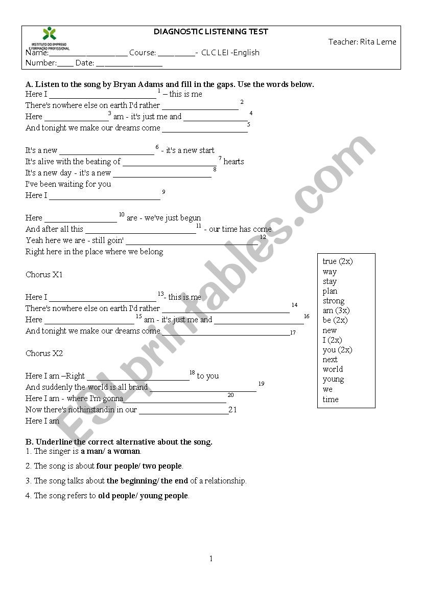 Diagnostic Listening Test worksheet